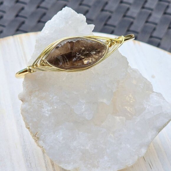 Smoky Quartz ✦ Leaf Wire Wrap Cuff ✦ 14Kt Gold Over Copper w/ Sculptural Crystal - Picture 8 of 12